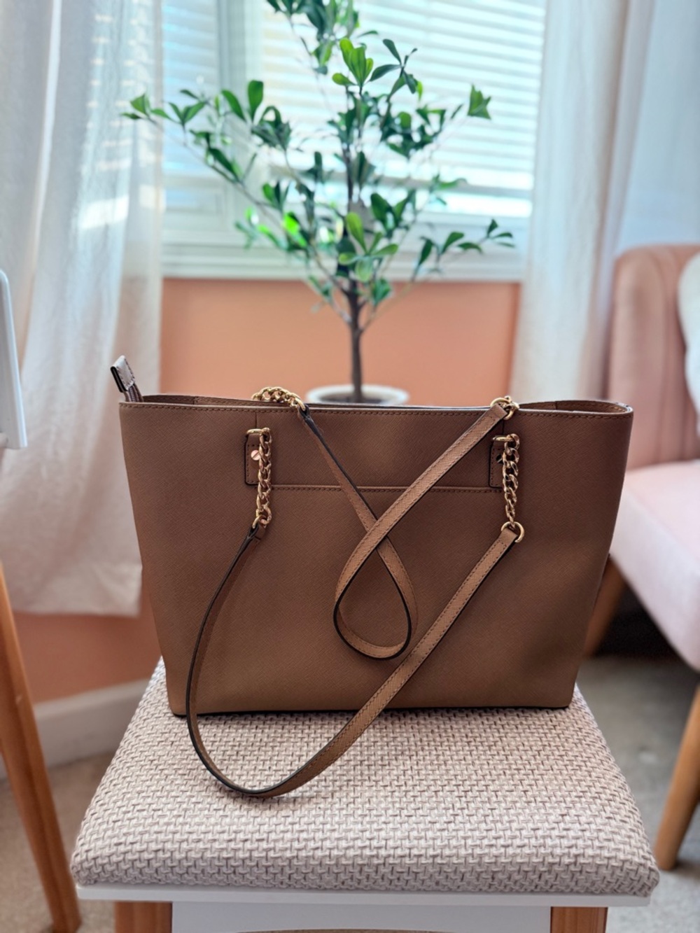 Michael Kors Caramel Saffiano Leather Tote with Gold Charm - Picture 2 of 5